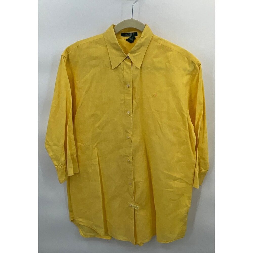 Lauren Ralph Lauren Large Yellow Linen Button-Up Shirt Women's 3/4 Sleeve‎